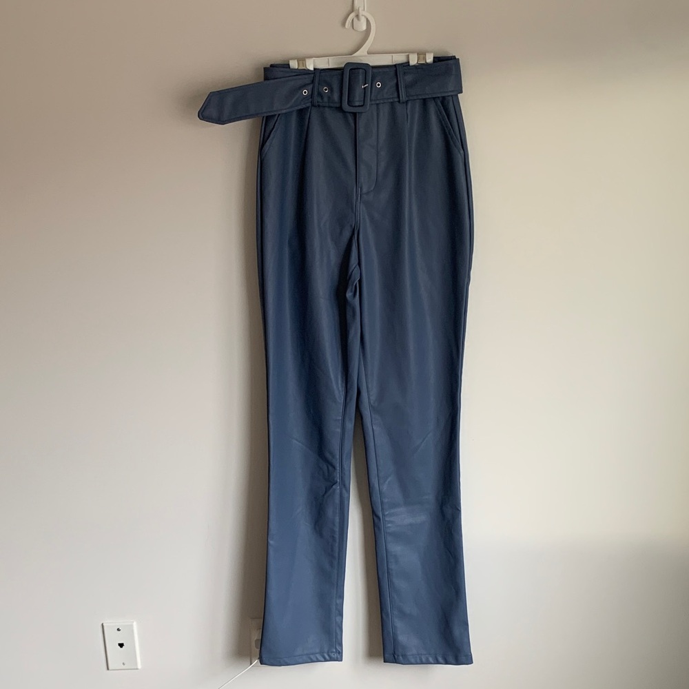 Boohoo Blue Faux Leather Straight Leg Pants